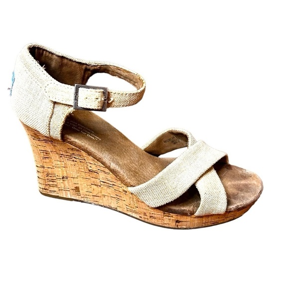 Toms Women's 8.5 Clarissa Wedge Heel Sandal Natural Linen & Cork Ankle Strap - Picture 2 of 9